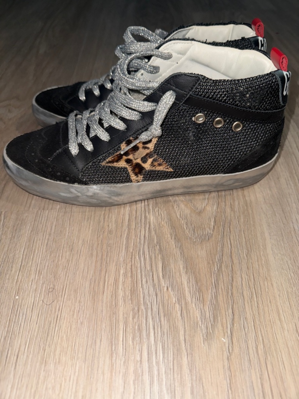 GOLDEN GOOSE distressed suede mid high animal print sneaker with metallic laces - Picture 2 of 10